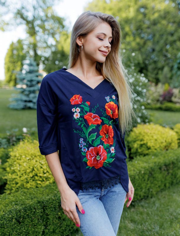 Blue women's embroidered shirt with poppies