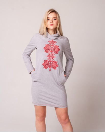 Купить вышитое платье Гердан (серый с красным) в Украине от производителя Галычанка