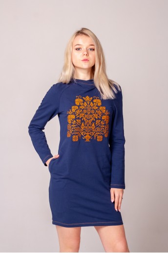 Gerdan (blue and gold) - жін.плаття д/р трик з стійкою синій т. виш.золота Гердан