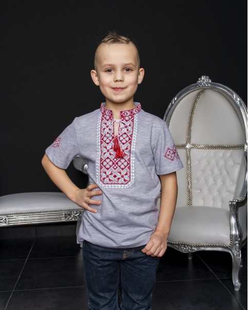 Вишита сорочка для хлопчика Іванко сірий з червоно-білим фото 1
