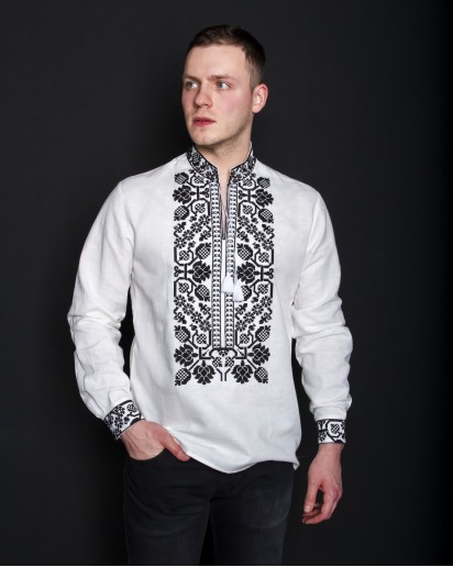 Купить мужскую вышитую рубашку Всеволод ( белый с черным)  в Украине от Галычанка