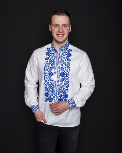 Купить мужскую вышитую рубашку Всеволод (лен белый виш.синя) в Украине от Галычанка