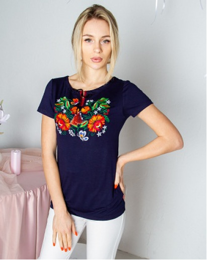 Купити жіночу футболку вишиванку Мазурка (темно синя) в Україні від Галичанка