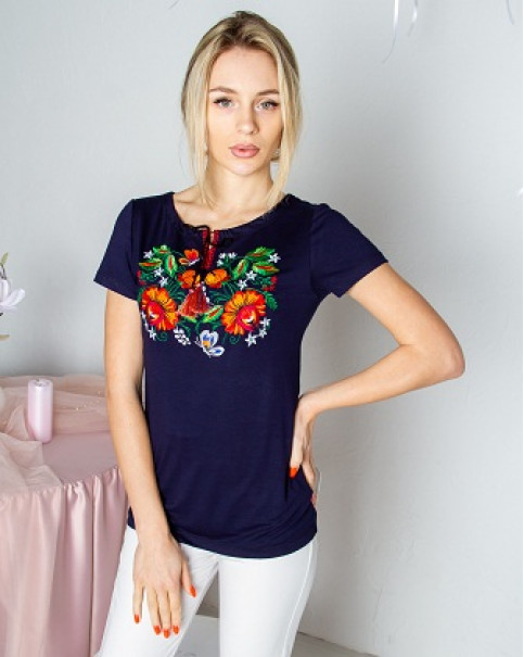 Купити жіночу футболку вишиванку Мазурка (темно синя) в Україні від Галичанка фото 1
