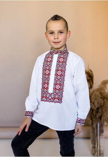 Вышиванка для мальчика Олекса (белая с красным) –купить в Украине от Галычанка
