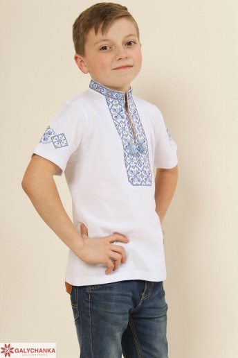 Купить вышитую футболку для мальчика Иванко (белая с синим) - цена от производителя Галичанка