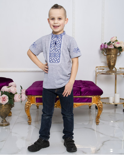 Купить вышитую футболку для мальчика  Иванко (серая с сине-белым) - цена от производителя Галичанка