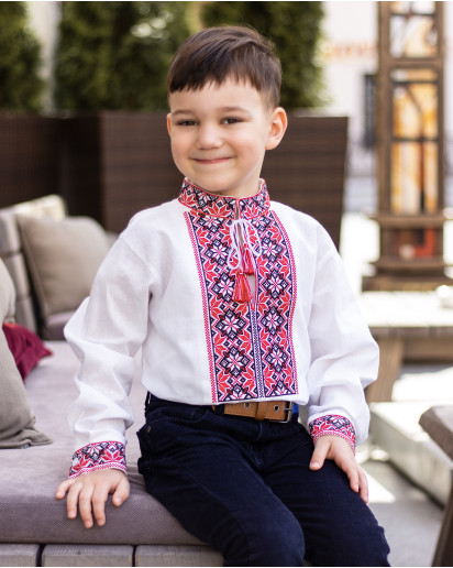 Вышиванка для мальчика Левко (белая с красной) –купить в Украине от Галычанка