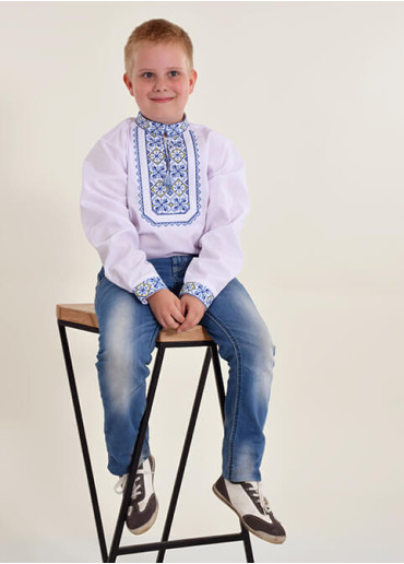 Вышиванка для мальчика Молодший Капрал Плюс (белая с синим) –купить в Украине от Галычанка