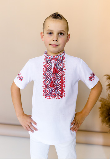 Купить вышитую футболку для мальчика Зорянчик (белая с красным) - цена от производителя Галичанка