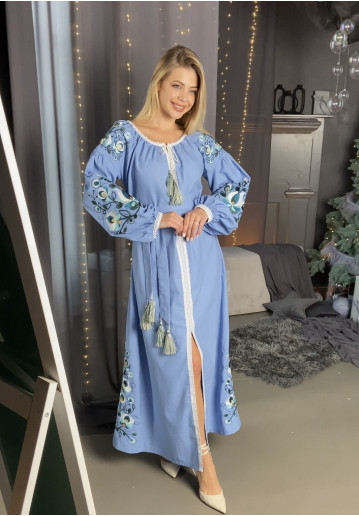 Вишите плаття Мальва (голуба) купити в Україні від виробника Галичанка