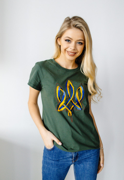 Купити жіночу футболку Casual Тризуб (хакі)  в Україні від Галичанка фото 1