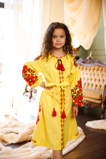 Вышитое платье детское Цветы Праги подросток (желтое) – цена от производителя Галычанка