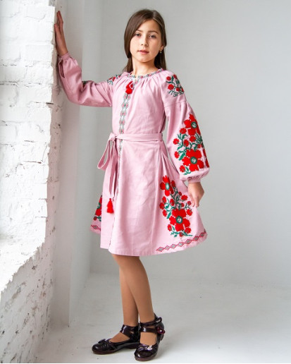 Вышитое платье детское Цветы Праги розовая с зеленым – цена от производителя Галычанка
