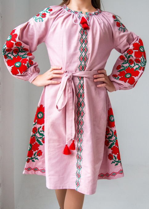 Вишита сукня для дівчинки Квіти Праги рожева з зеленим фото 2