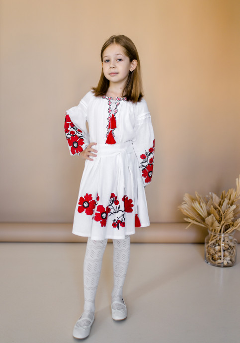 Купити вишите дитяче плаття Празькі квіточки (біла з червоним) – ціна від виробника Галичанка фото 1