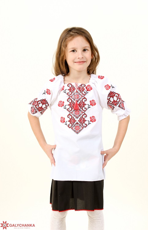 Вишиванка для дівчинки Марічка (біла з червоним) бязь – купити в Україні від Галичанка фото 1