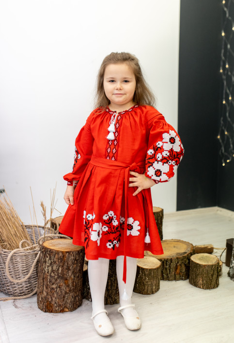 Плаття вишиванка для дівчинки Празькі квіточки червона з чорним фото 2