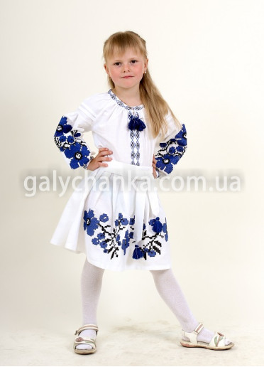 Купити вишите дитяче плаття Празькі квіточки (біла з синім) – ціна від виробника Галичанка