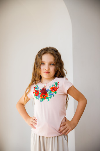 Вишита футболка для дівчинки Вишенька (пудра) – ціна від виробника Галичанка