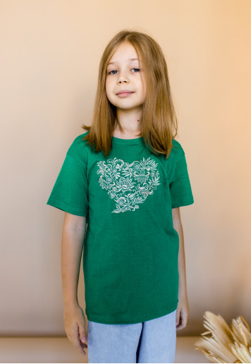 Вишита футболка для дівчинки Розквіт (зелена) – ціна від виробника Галичанка