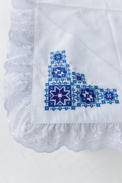 Купити скатертину в українському стилі Крижма Орнамент (біла з синім) від виробника Галичанка  фото 3