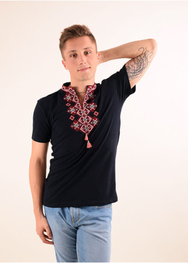 Купить мужскую футболку вышиванку Бажан (темно синяя с красным) в Украине от Галычанка