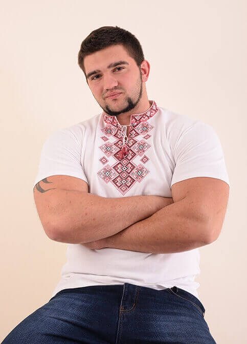 Купити чоловічу футболку вишиванку Бажан ( біла з червоним ) в Україні від Галичанка фото 1