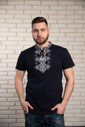 Купить мужскую футболку вышиванку Бажан (темно синяя с серым) в Украине от Галычанка