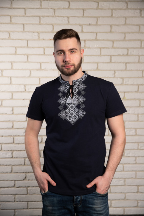 Купити чоловічу футболку вишиванку Бажан (темно  синя з сірим ) в Україні від Галичанка фото 1