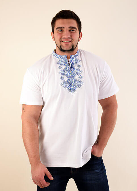 Купити чоловічу футболку вишиванку Бажан ( біла з синім) в Україні від Галичанка фото 1