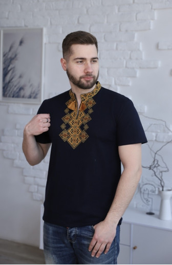 Купить мужскую футболку вышиванку Бажан (темно синий с золотым) в Украине от Галычанка