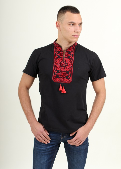 Купити чоловічу футболку вишиванку Монохром ( чорна з червоним ) в Україні від Галичанка фото 2