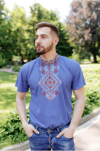 Купити чоловічу футболку вишиванку Орел (джинс синій з червоним) в Україні від Галичанка