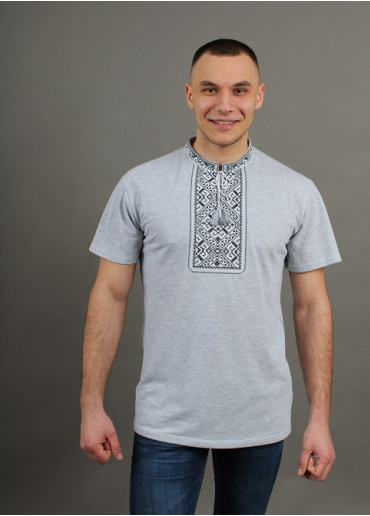Купить мужскую футболку вышиванку Традиция (серая с черной) в Украине от Галычанка