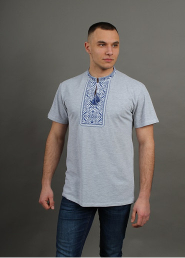 Купить мужскую футболку вышиванку Традиция серая (св.C сине-белая) в Украине от Галычанка