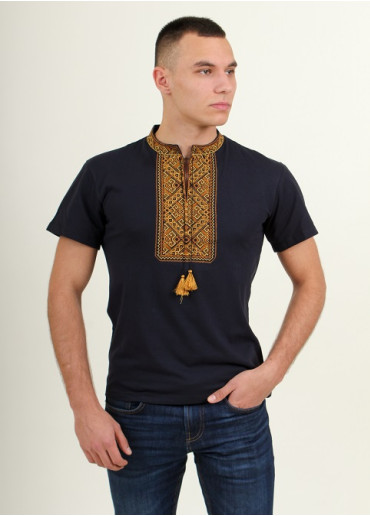 Купить мужскую футболку вышиванку Традиция (темно синяя с золотым) в Украине от Галычанка
