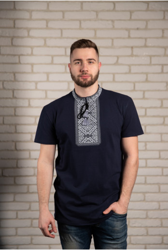 Купить мужскую футболку вышиванку Традиция (темно синий с серым) в Украине от Галычанка