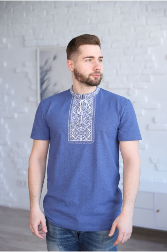 Купить мужскую футболку вышиванку Традиция (джинс синий с серим) в Украине от Галычанка