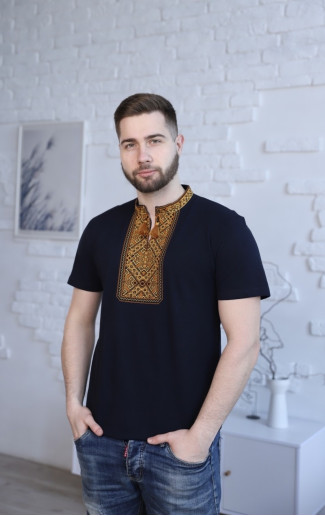 Купити чоловічу футболку вишиванку Традиція ( темно синя з золотим ) в Україні від Галичанка