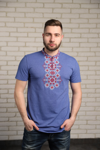 Купить мужскую футболку вышиванку Захар (Лакоста джинс синий с красным) в Украине от Галычанка