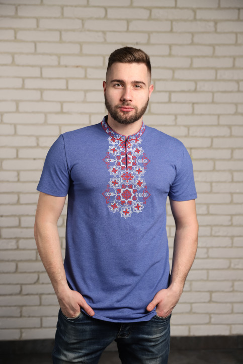Купити чоловічу футболку вишиванку Захар ( джинс синій з червовим) в Україні від Галичанка фото 1