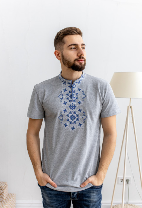 Купити чоловічу футболку вишиванку Захар (св.сірий з синім) в Україні від Галичанка фото 1