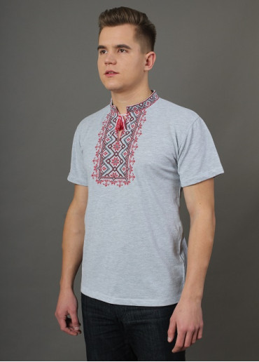 Купити чоловічу футболку вишиванку Зорепад сіра ( з червоним ) в Україні від Галичанка
