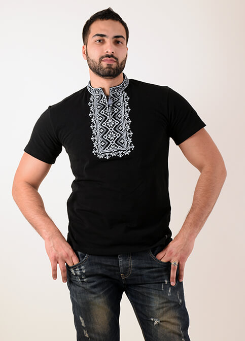 Купити чоловічу футболку вишиванку Зорепад ( чорна з сірим ) в Україні від Галичанка фото 1