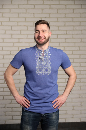 Купить мужскую футболку вышиванку Звездопад (джинс синий с серым) в Украине от Галычанка