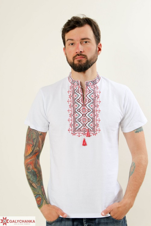 Купити чоловічу футболку вишиванку Зорепад (біла з червоним) в Україні від Галичанка фото 1
