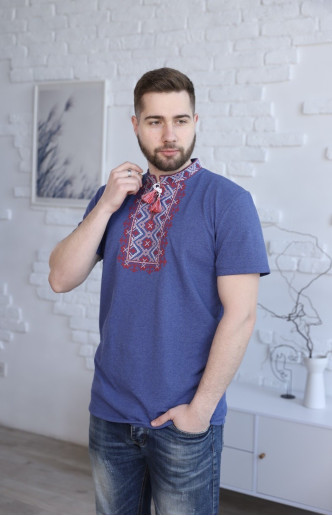 Купити чоловічу футболку вишиванку Зорепад (джинс з червоним) в Україні від Галичанка