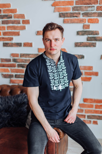 Купить мужскую футболку вышиванку Ярило (т.синяя з белим)  в Украине от Галычанка