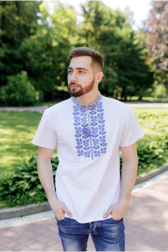 Купить мужскую футболку вышиванку Ярило ( белая с синим) в Украине от Галычанка